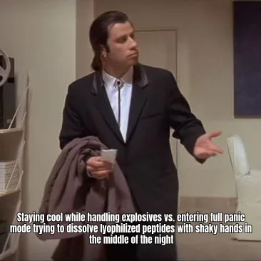 Vincent Vega Reconstitutes At 2AM — Bomb defusal: steady. Swirling a 10mg vial of fluffy white powder under a kitchen lamp at 2:14AM: catastrophic tremor.