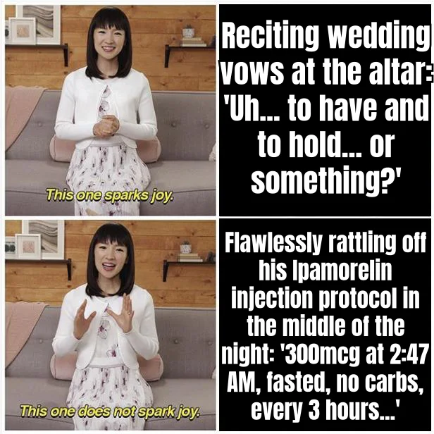 Vows Forgotten, Pulse Schedule Memorized — He can't remember the second line of his wedding vows but recites his 2:47 AM Ipamorelin pulse protocol like the Nicene Creed.