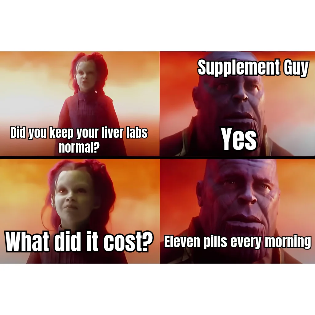 What Did It Cost? Eleven Pills — He kept his ALT in range. The price was a pill organizer the size of a tackle box.